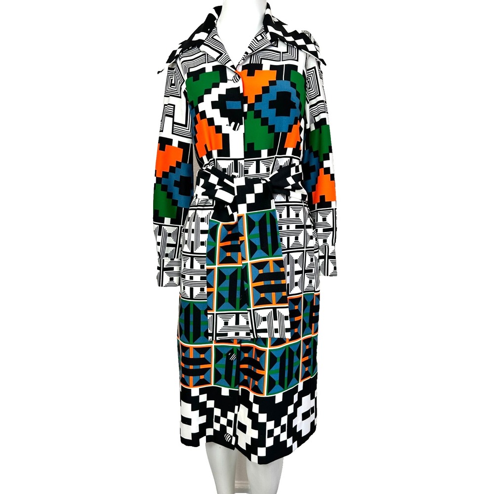 Vintage 70s Lanvin Paris New York Op Art Midi Shirt Dress Duster Belt 12 L Read